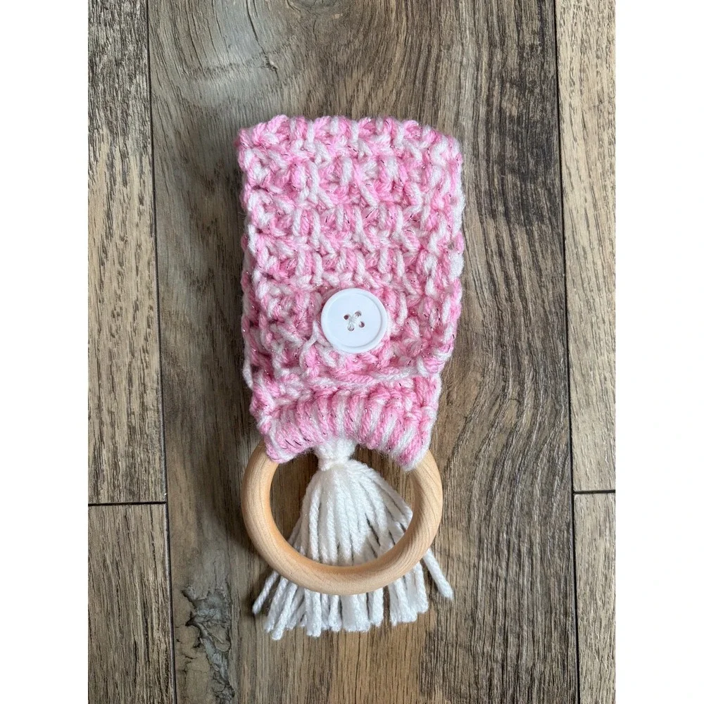 Crochet Handmade Kitchen Dish Towel Holder Pink with Button Wood Ring